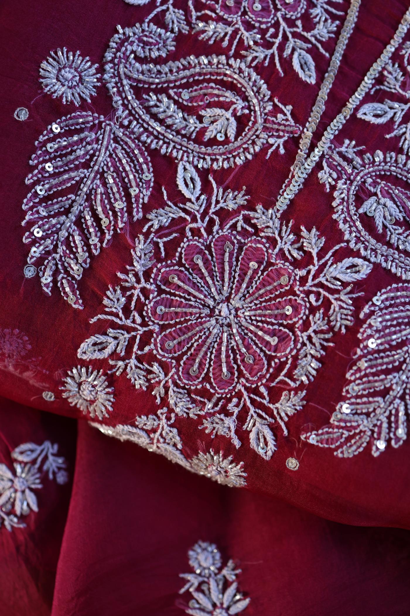 Wine Red Shade Noor Organza Silk Chikankari Unstitched Fabric