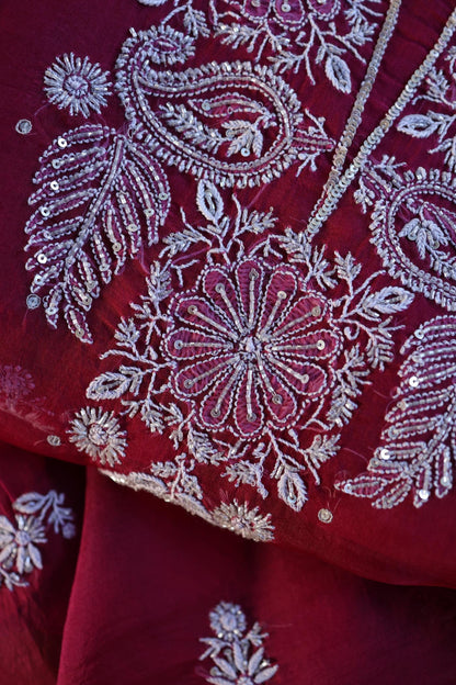 Wine Red Shade Noor Organza Silk Chikankari Unstitched Fabric