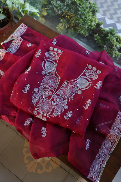 Wine Red Shade Noor Organza Silk Chikankari Unstitched Fabric