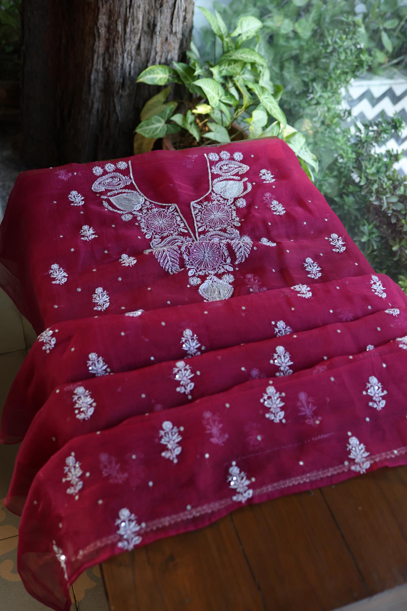 Wine Red Shade Noor Organza Silk Chikankari Unstitched Fabric