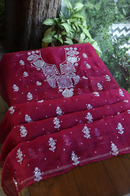 Wine Red Shade Noor Organza Silk Chikankari Unstitched Fabric