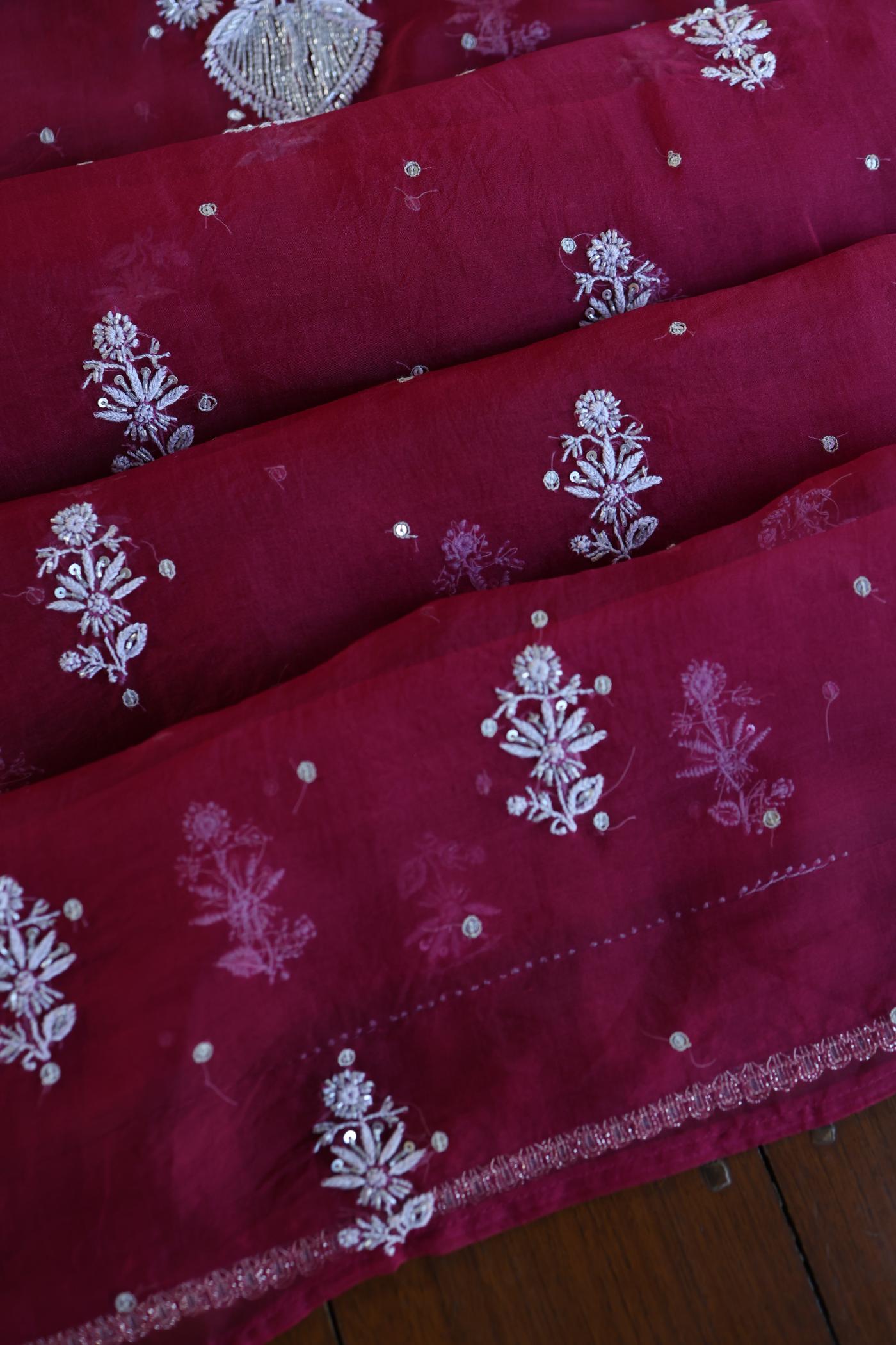 Wine Red Shade Noor Organza Silk Chikankari Unstitched Fabric
