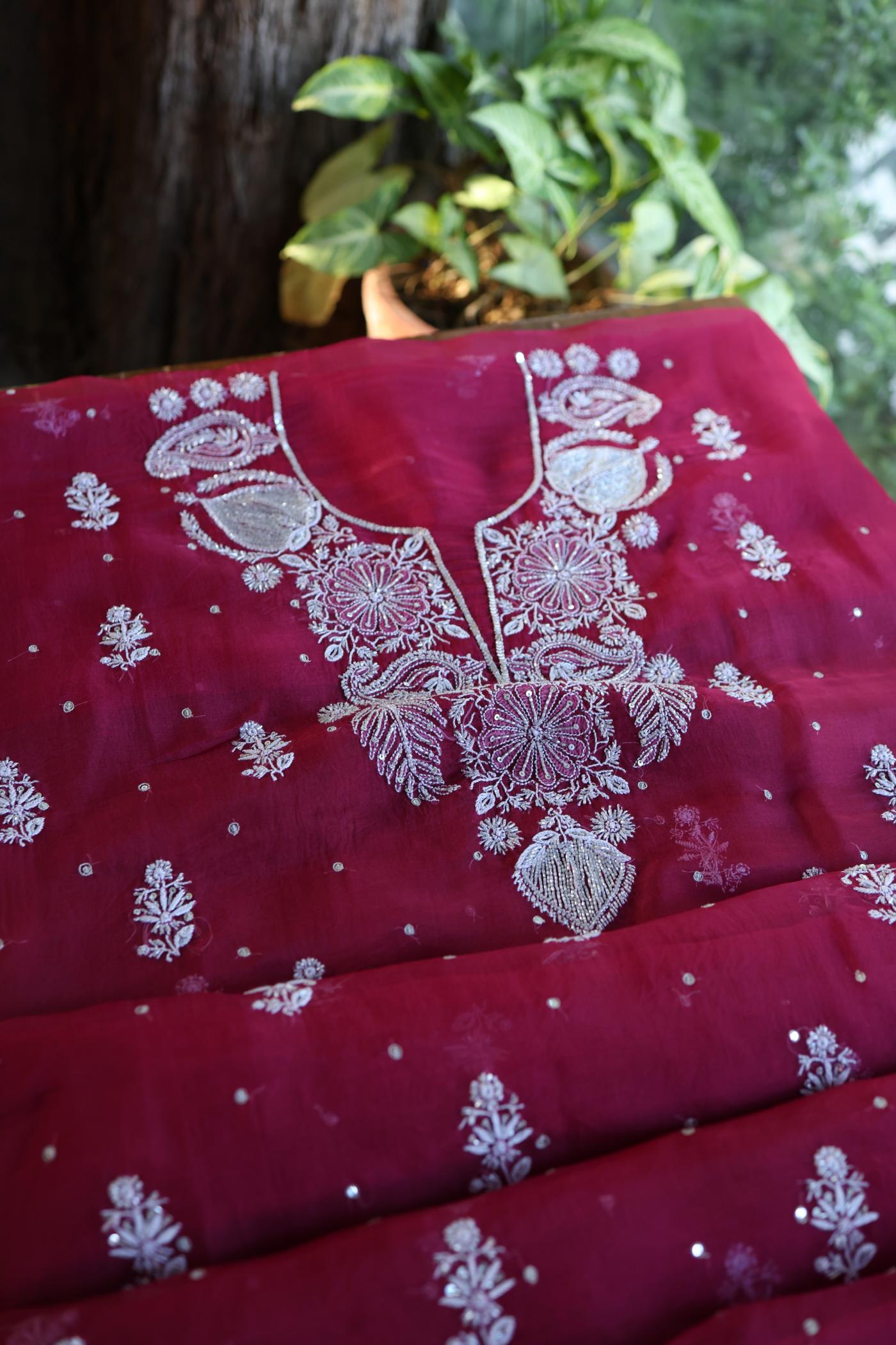 Wine Red Shade Noor Organza Silk Chikankari Unstitched Fabric