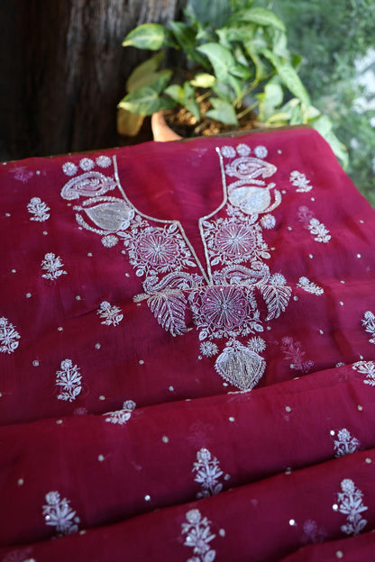Wine Red Shade Noor Organza Silk Chikankari Unstitched Fabric