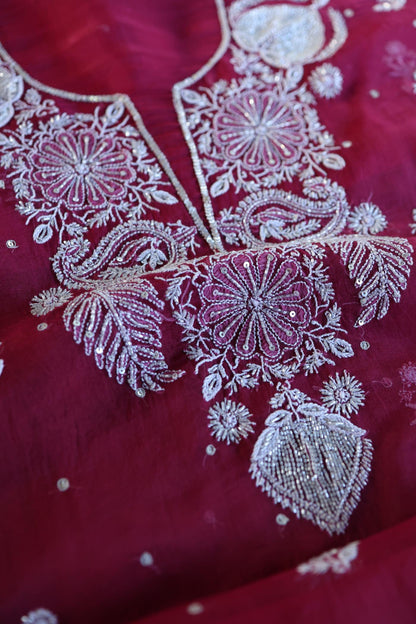 Wine Red Shade Noor Organza Silk Chikankari Unstitched Fabric