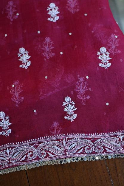 Wine Red Shade Noor Organza Silk Chikankari Unstitched Fabric