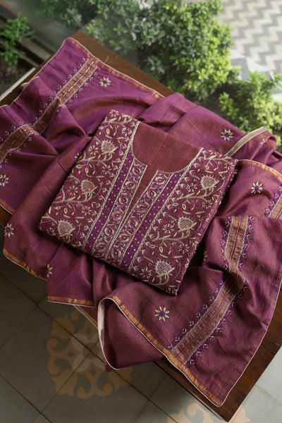 Wine Shade Roheen Tissue Silk Chikankari Unstitched Fabric