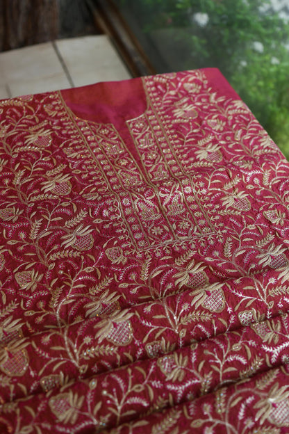 Wine Shade Roheen Tissue Silk Chikankari Unstitched Fabrics