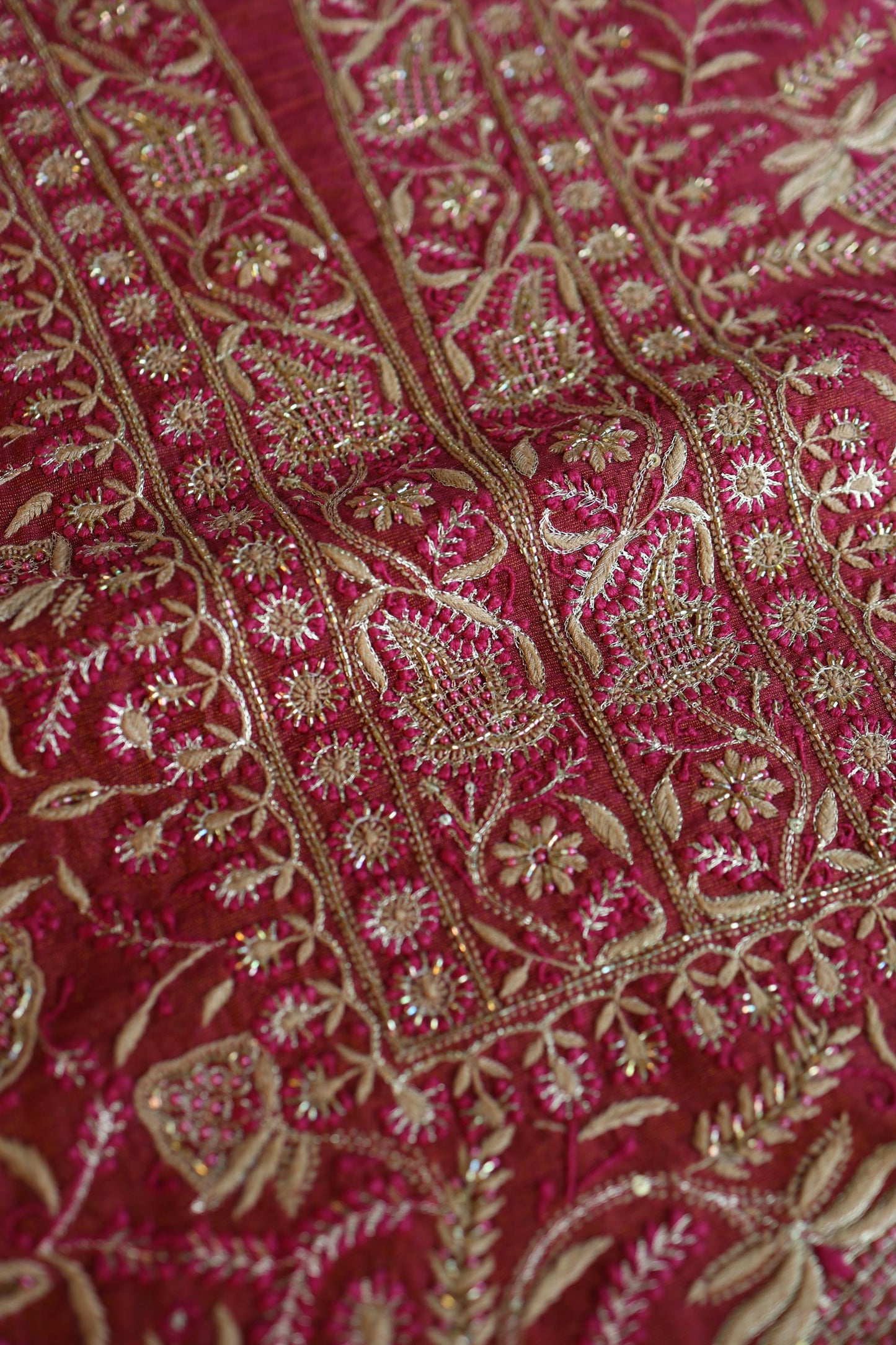 Wine Shade Roheen Tissue Silk Chikankari Unstitched Fabrics