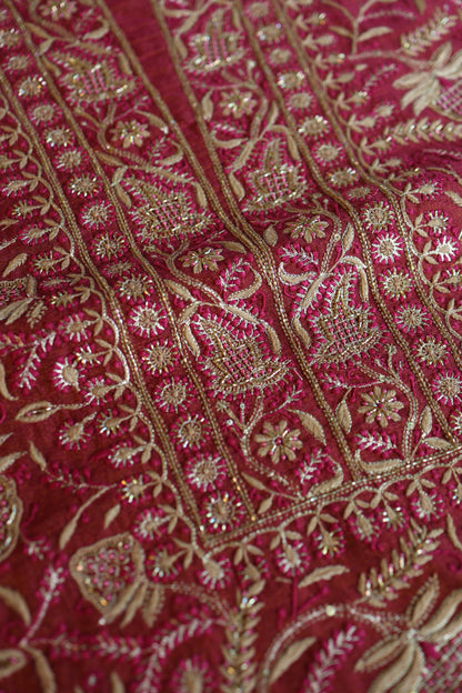 Wine Shade Roheen Tissue Silk Chikankari Unstitched Fabrics