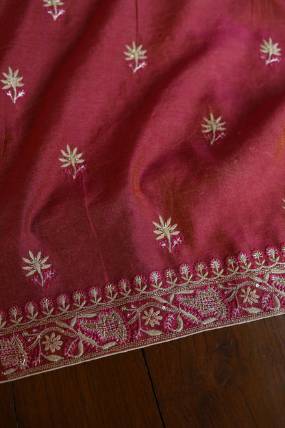 Wine Shade Roheen Tissue Silk Chikankari Unstitched Fabrics