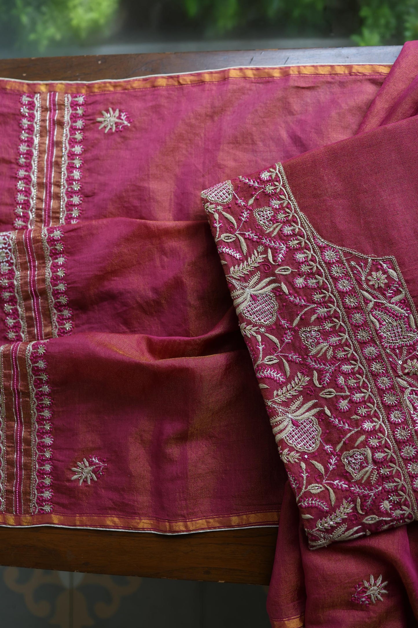 Wine Shade Roheen Tissue Silk Chikankari Unstitched Fabrics