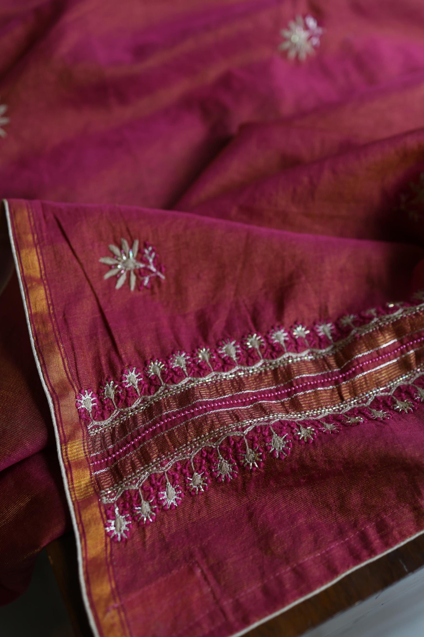 Wine Shade Roheen Tissue Silk Chikankari Unstitched Fabrics