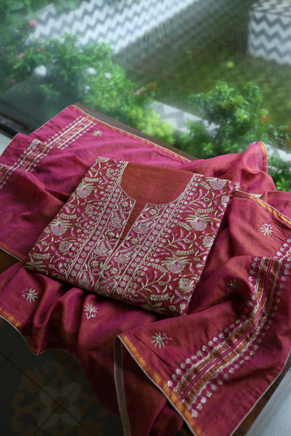 Wine Shade Roheen Tissue Silk Chikankari Unstitched Fabrics