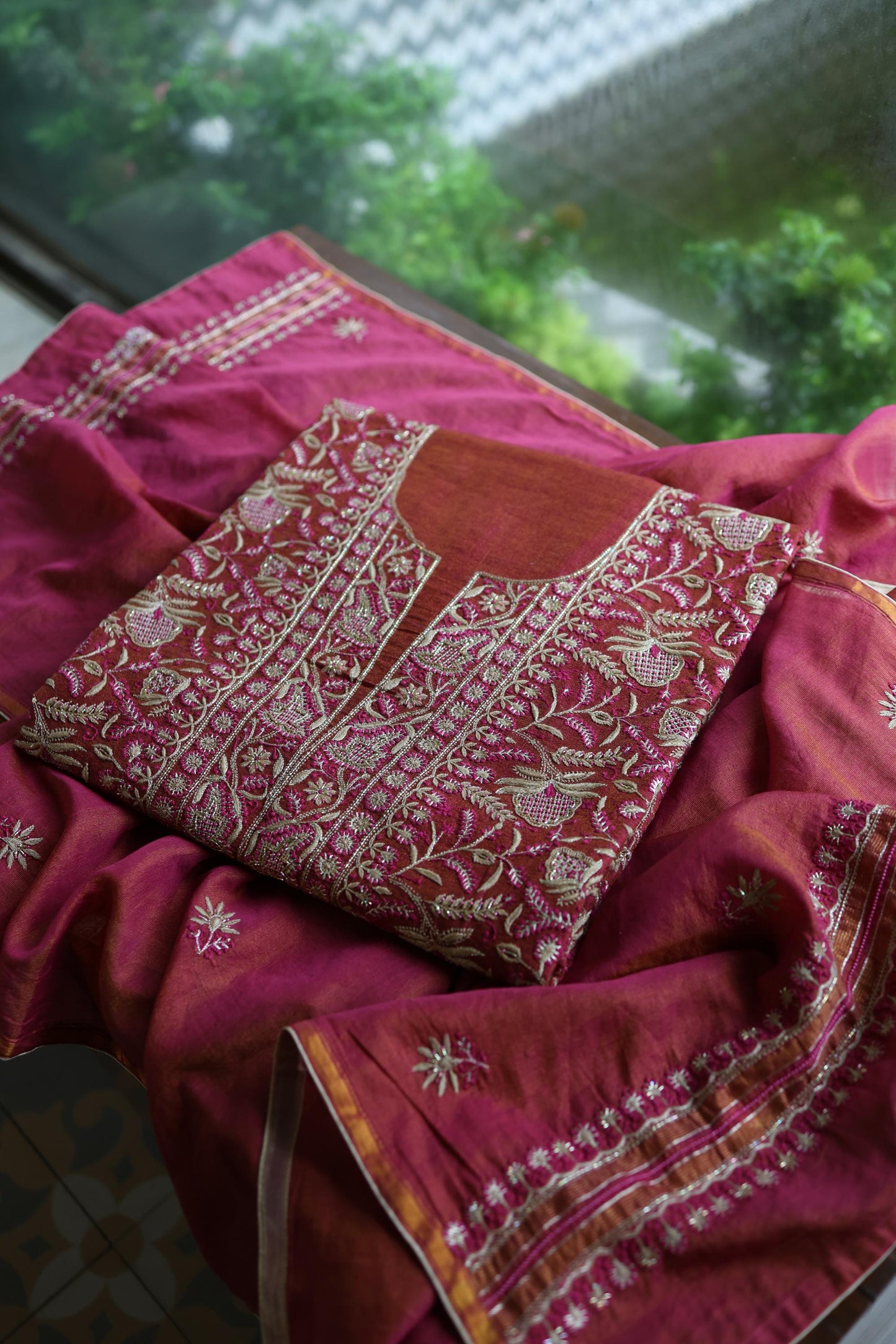 Wine Shade Roheen Tissue Silk Chikankari Unstitched Fabrics
