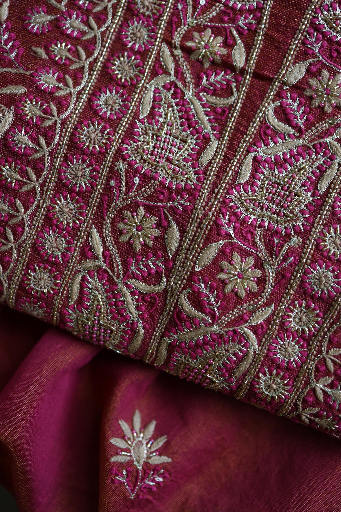 Wine Shade Roheen Tissue Silk Chikankari Unstitched Fabrics