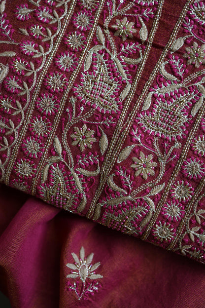 Wine Shade Roheen Tissue Silk Chikankari Unstitched Fabrics