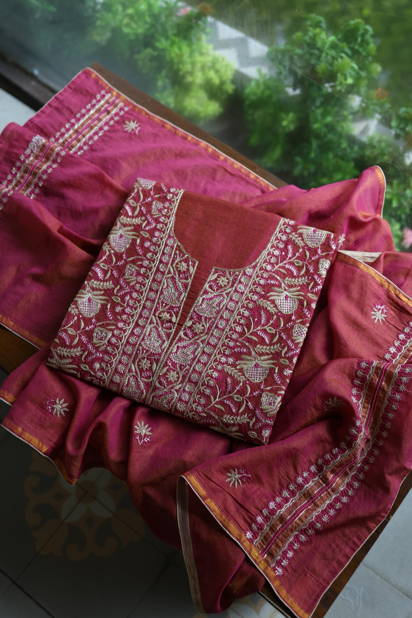 Wine Shade Roheen Tissue Silk Chikankari Unstitched Fabrics