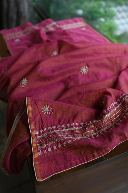 Wine Shade Roheen Tissue Silk Chikankari Unstitched Fabrics