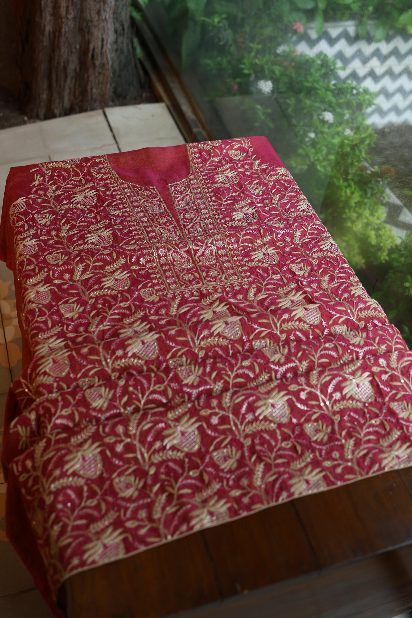 Wine Shade Roheen Tissue Silk Chikankari Unstitched Fabrics