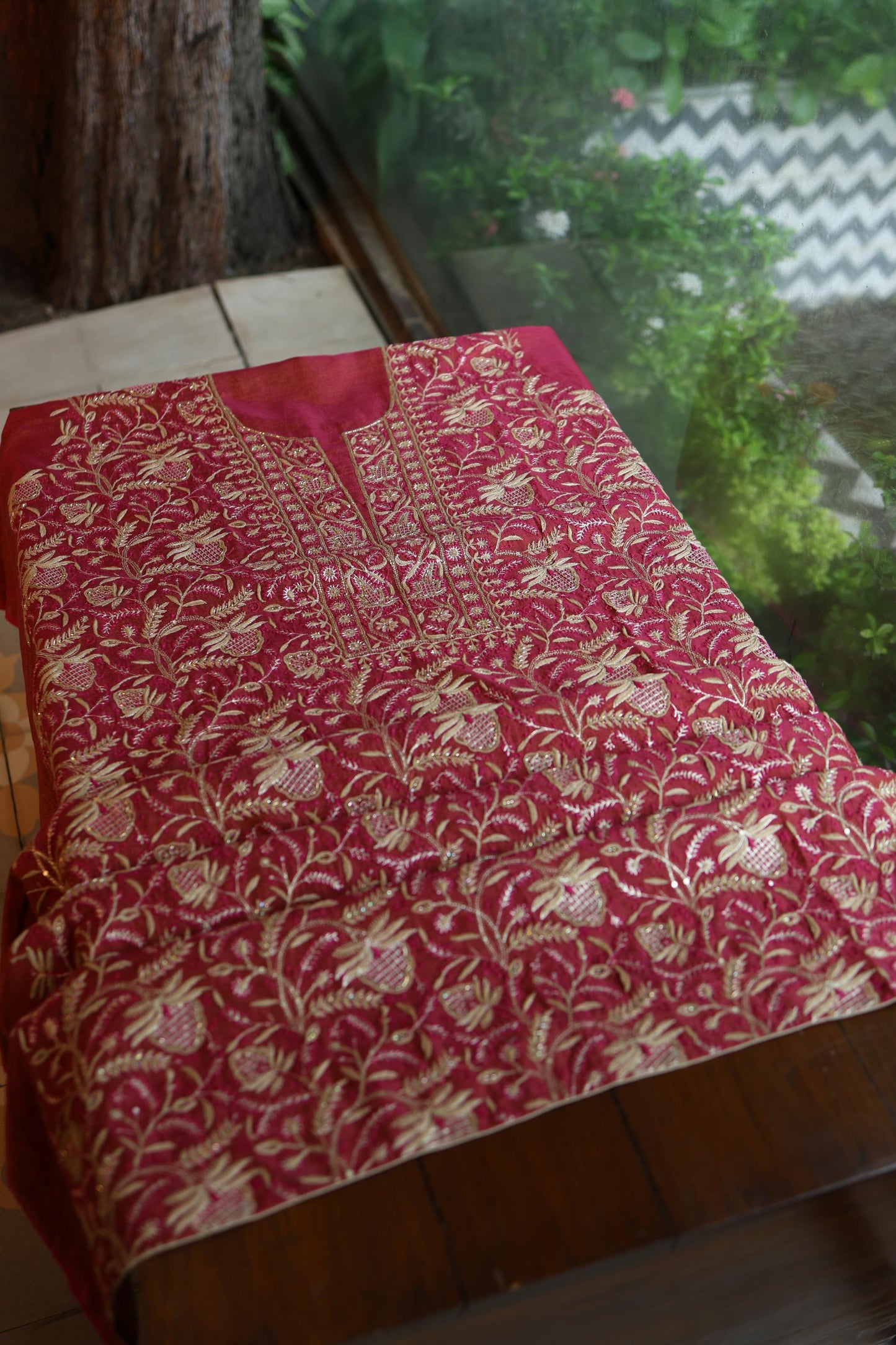 Wine Shade Roheen Tissue Silk Chikankari Unstitched Fabrics