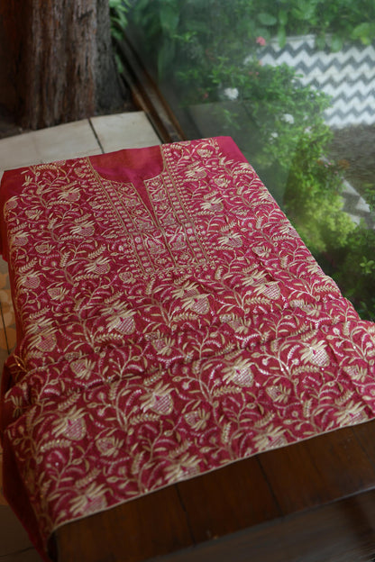 Wine Shade Roheen Tissue Silk Chikankari Unstitched Fabrics