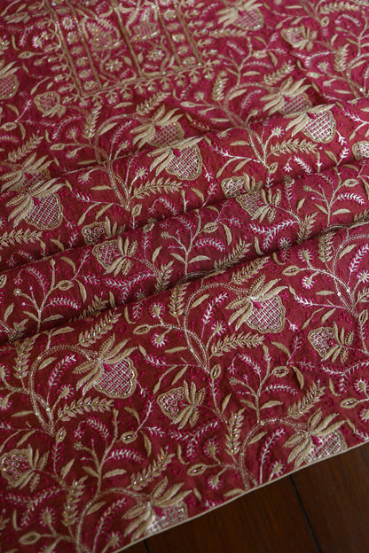 Wine Shade Roheen Tissue Silk Chikankari Unstitched Fabrics