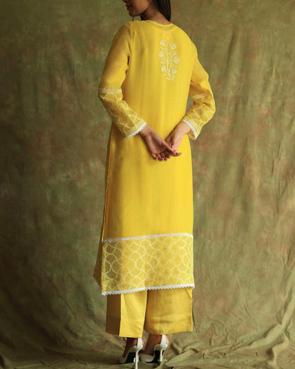 Yellow Mukaish Kamdani Noor Organza Chikankari Kurta Set