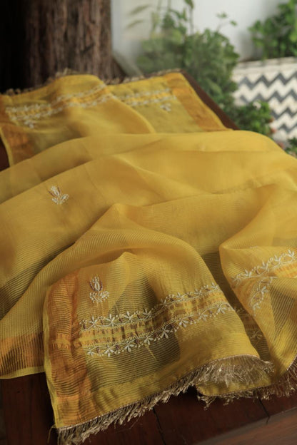 Mustard Paper Tussar Resham Chikankari Unstitched Kurta Dupatta Set