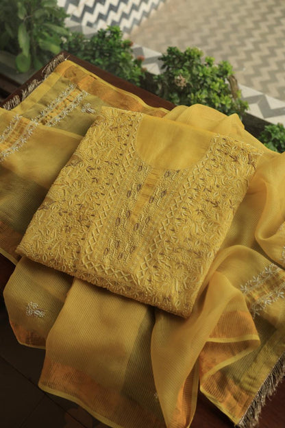 Mustard Paper Tussar Resham Chikankari Unstitched Kurta Dupatta Set