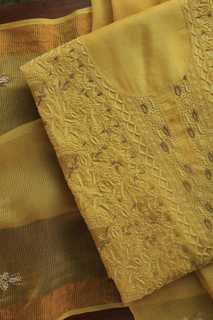 Mustard Paper Tussar Resham Chikankari Unstitched Kurta Dupatta Set