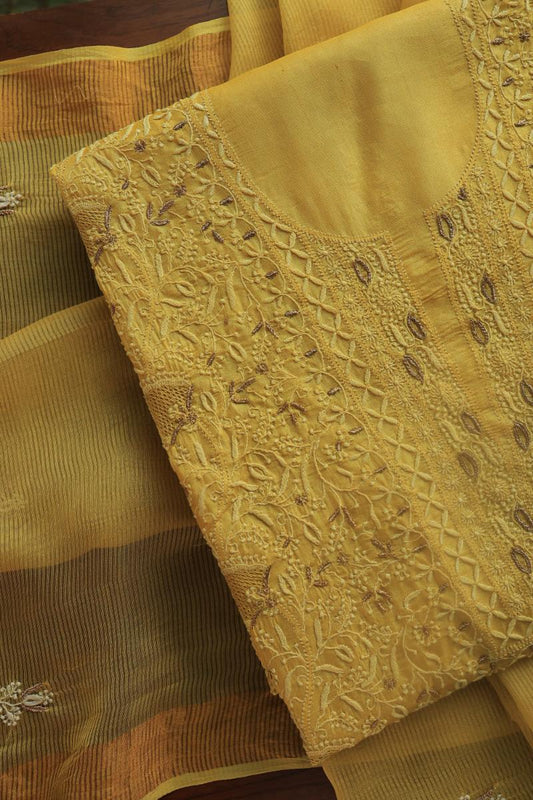 Mustard Paper Tussar Resham Chikankari Unstitched Kurta Dupatta Set