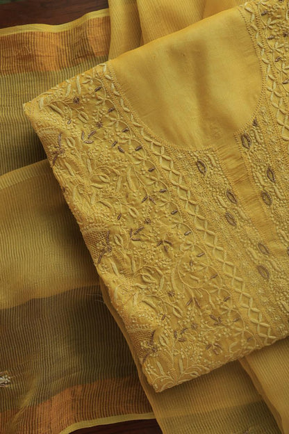Mustard Paper Tussar Resham Chikankari Unstitched Kurta Dupatta Set