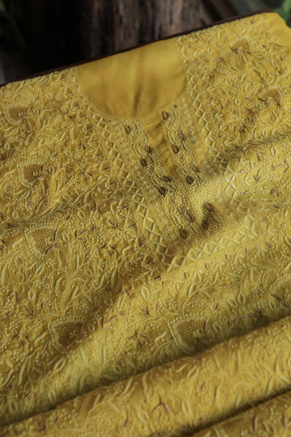 Mustard Paper Tussar Resham Chikankari Unstitched Kurta Dupatta Set