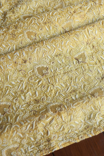 Yellow Paper Tussar Resham Chikankari Unstitched Kurta Dupatta Set
