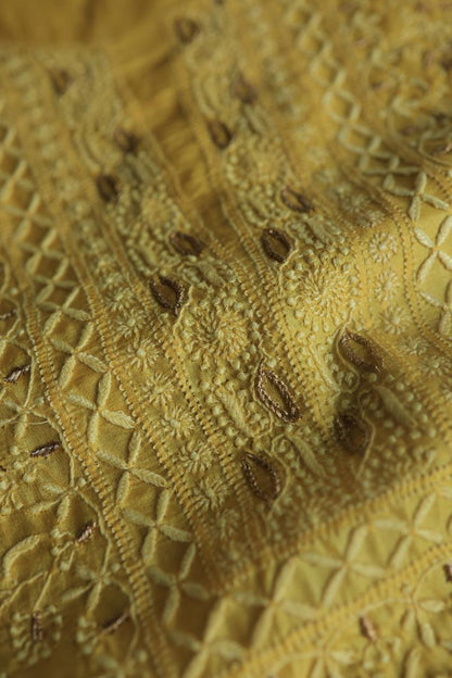 Mustard Paper Tussar Resham Chikankari Unstitched Kurta Dupatta Set
