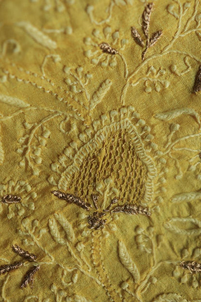 Mustard Paper Tussar Resham Chikankari Unstitched Kurta Dupatta Set
