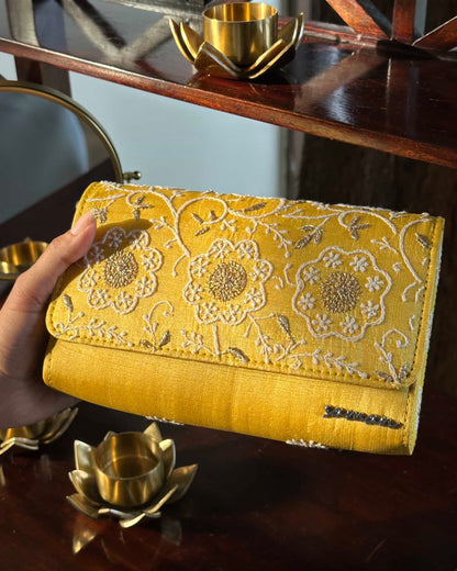 Yellow Shade Chikankari Sling Clutch Bag