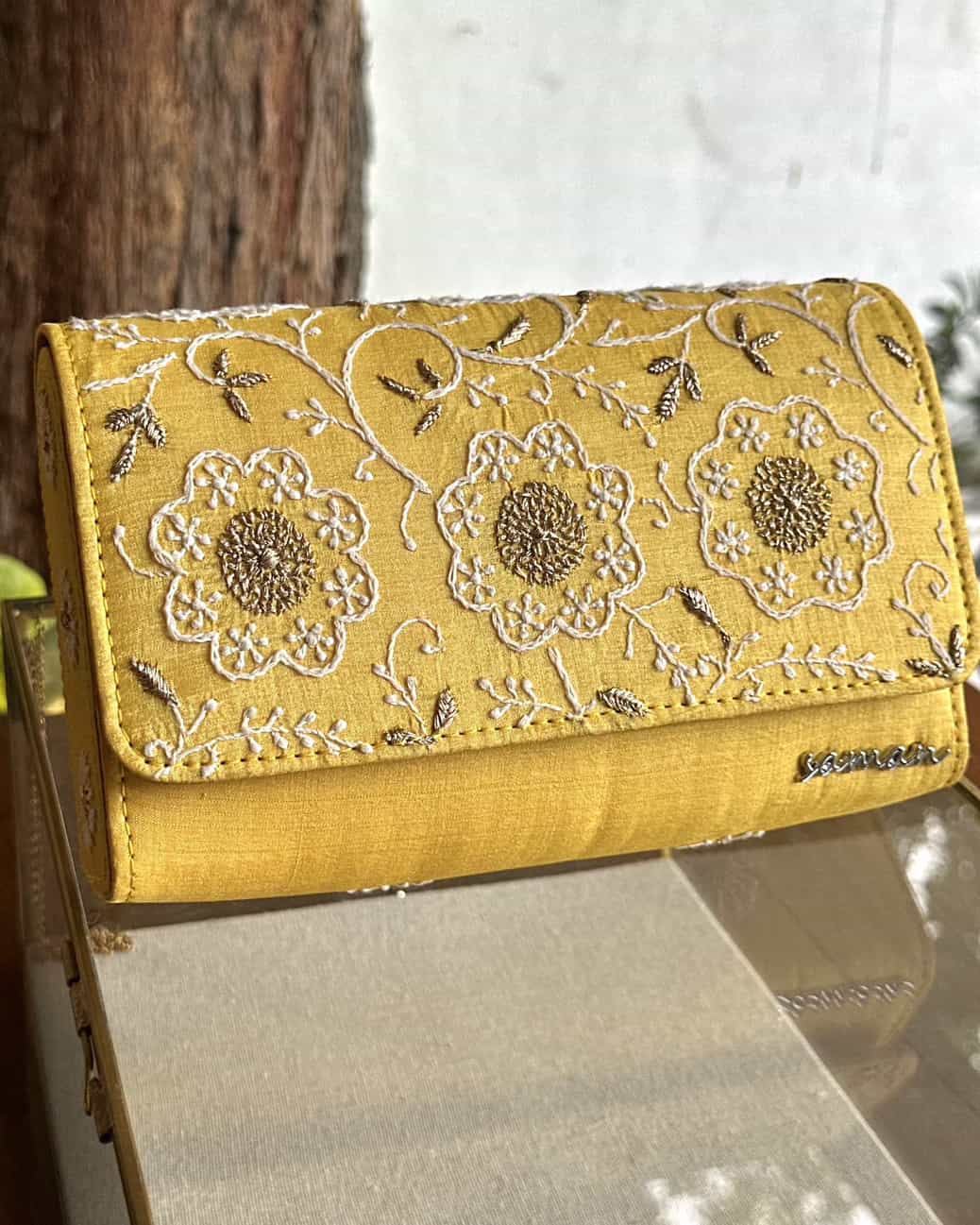 Yellow Shade Chikankari Sling Clutch Bag