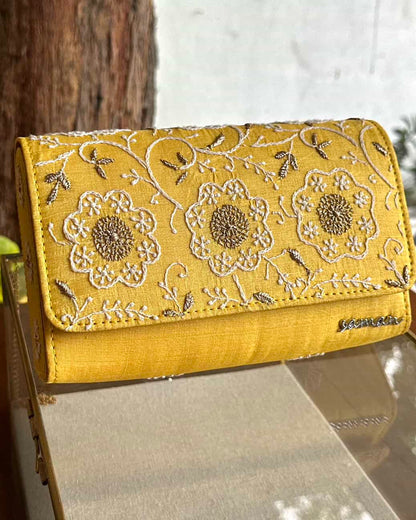 Yellow Shade Chikankari Sling Clutch Bag