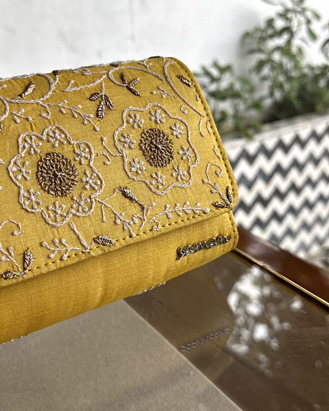 Yellow Shade Chikankari Sling Clutch Bag