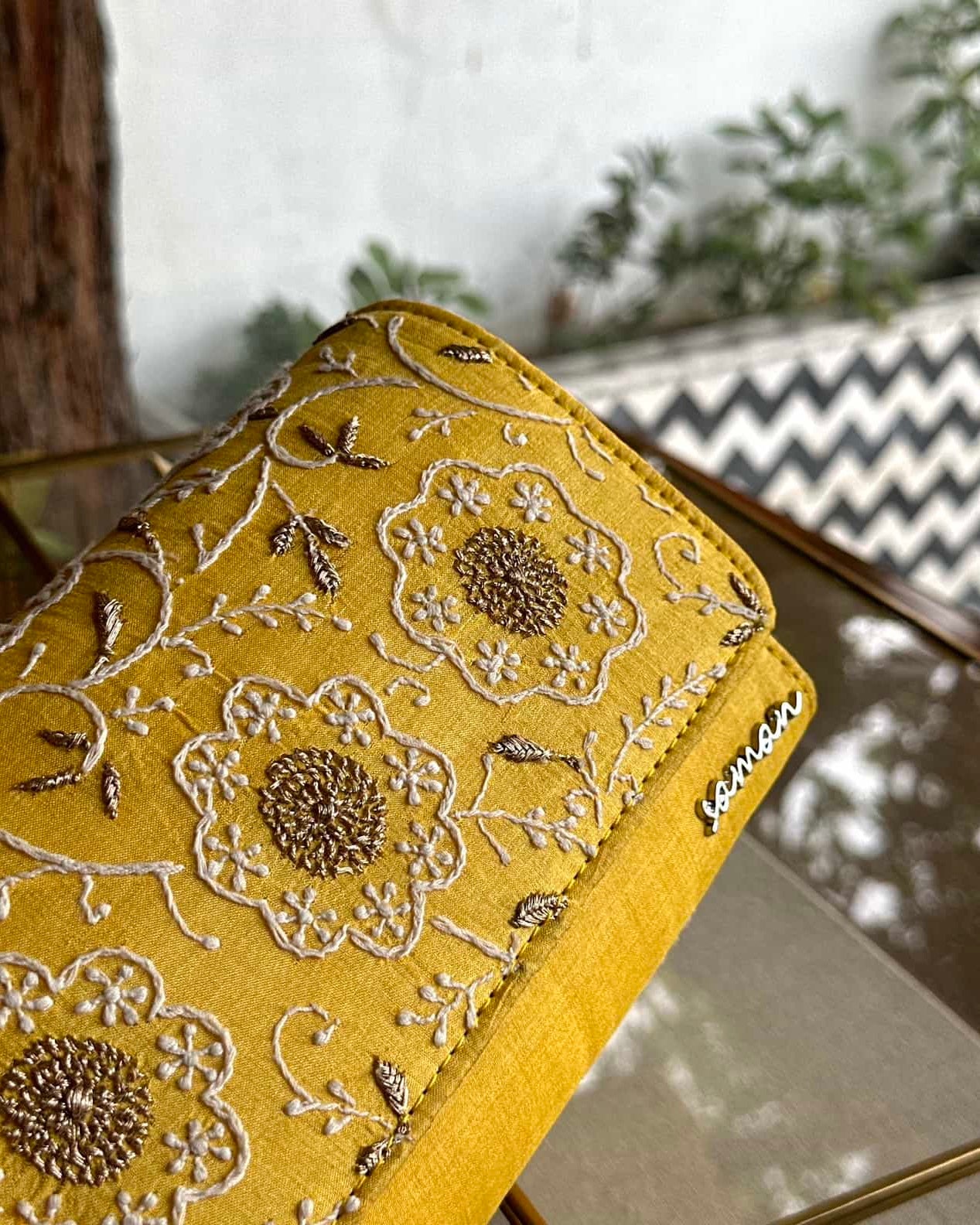 Yellow Shade Chikankari Sling Clutch Bag