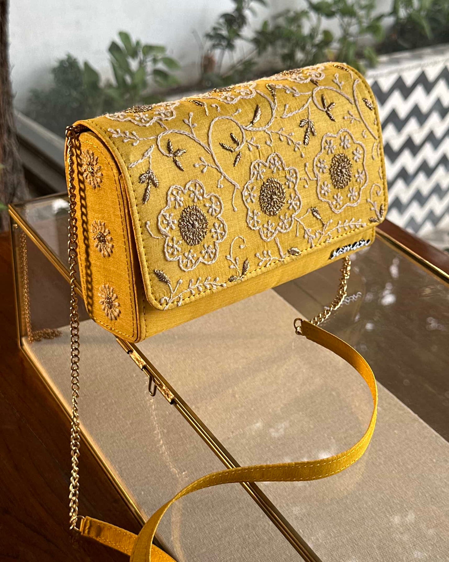 Yellow Shade Chikankari Sling Clutch Bag
