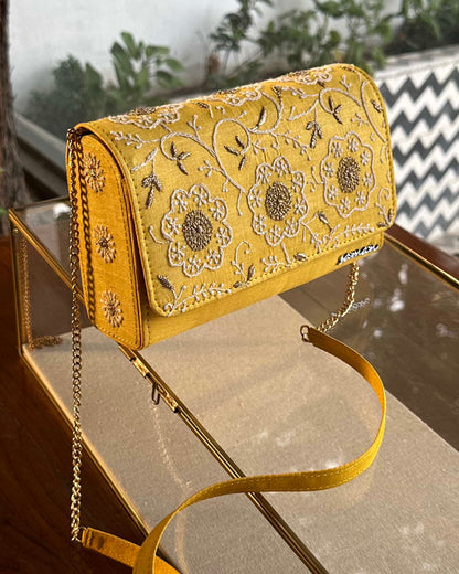 Yellow Shade Chikankari Sling Clutch Bag