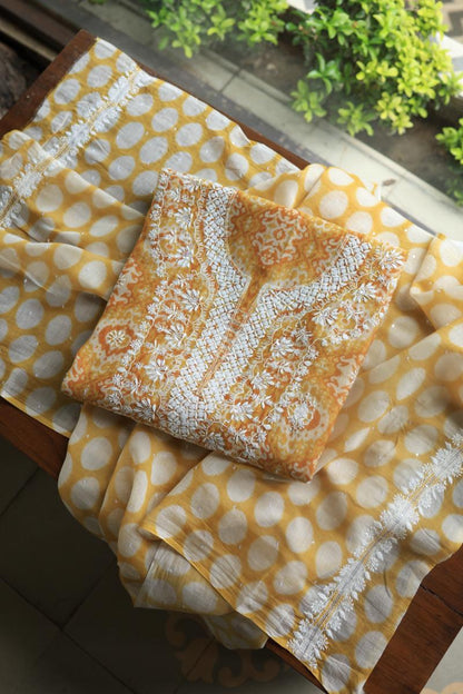 Yellow & White Soft Cotton Printed Unstitched Kurta Dupatta Set with Chikankari & Sequin Work