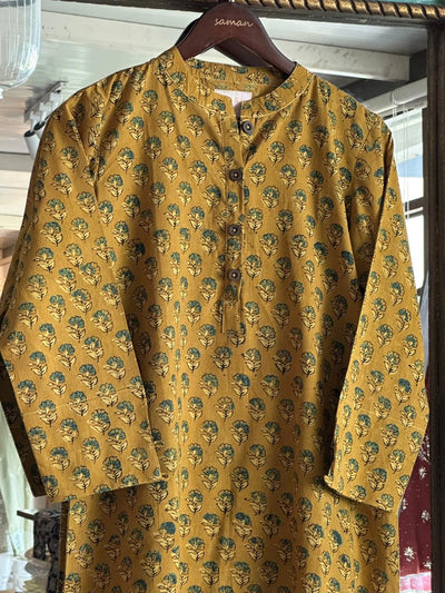 Yellow Ajrak Multi Shade Cotton Short Kurta