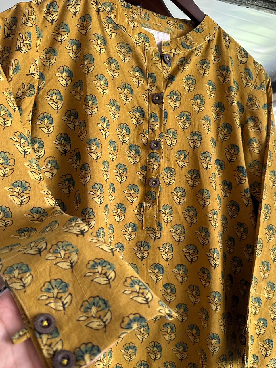 Yellow Ajrak Multi Shade Cotton Short Kurta