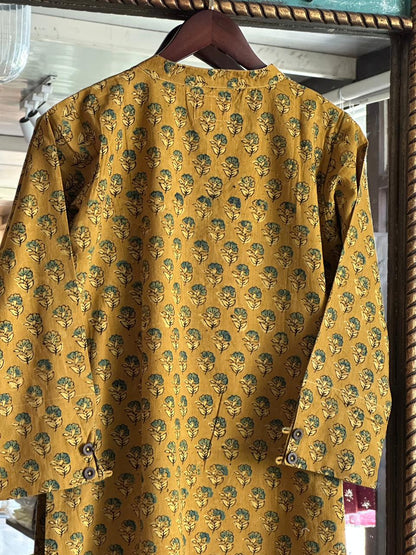 Yellow Ajrak Multi Shade Cotton Short Kurta