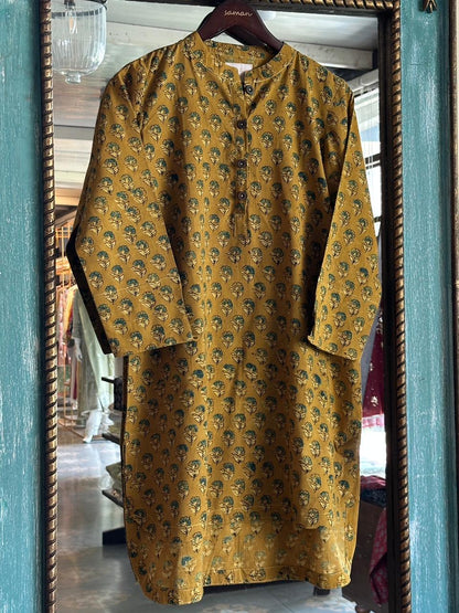 Yellow Ajrak Multi Shade Cotton Short Kurta