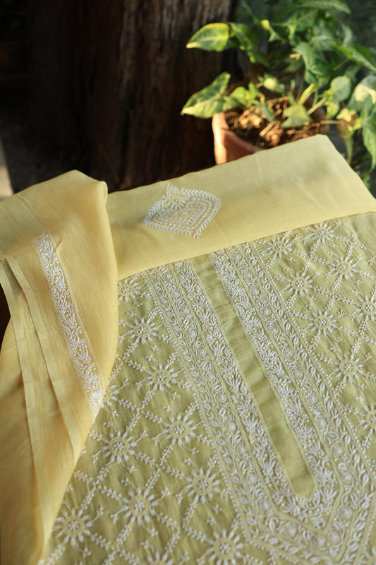 Yellow All Over Chikankari Malmal Unstitched Men's Kurtas Fabric